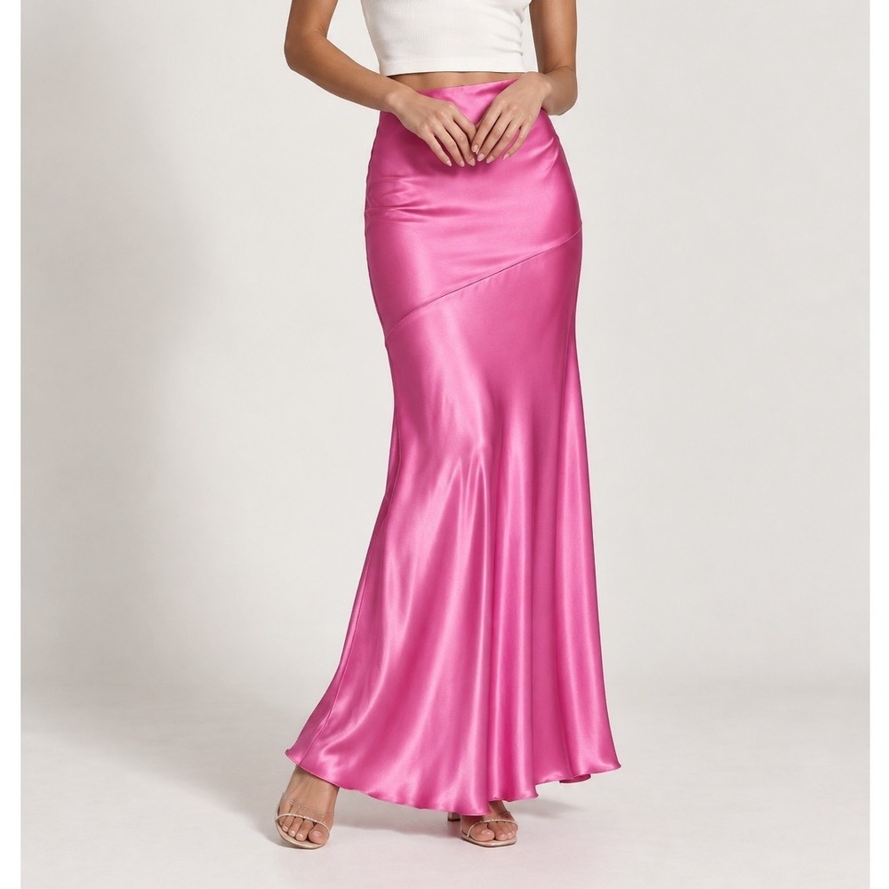 MESHKI Poppy Satin Maxi Skirt Medium Pink Mermaid Slip Skirt Slinky Fluid Glam